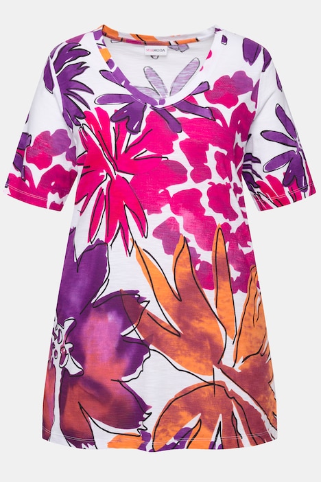 T-Shirt, A-Linie, Blumen-Druck, V-Ausschnitt