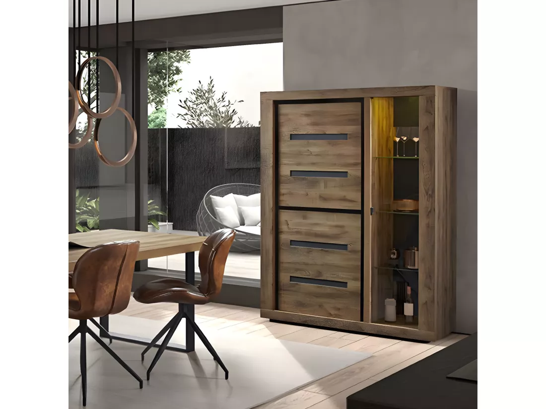 ANTONIN - Argentier 2 Portes et 1 Vitrines Aspect Bois Finition Tropix et Noir avec Eclairage Leds
