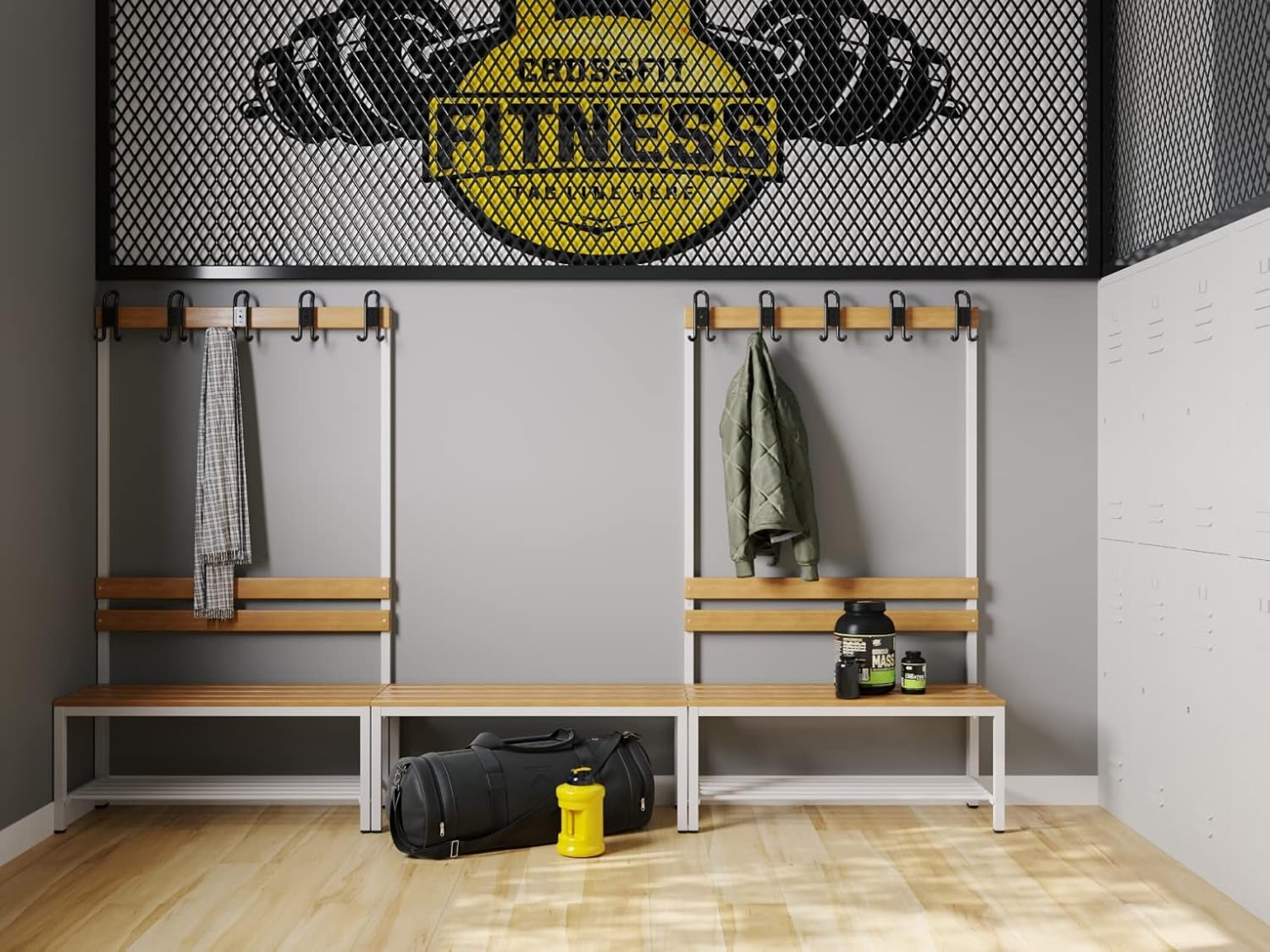 furni24 Bank Umkleidebank, Sitzbank für Umkleideräume mit Schuhrost BxHxT: 150x42x40 cm, Umkleidesitzbank, Umkleidebank, Garderobenbank, Sportbank, Bank mit Echtholz für Fitnessstudio
