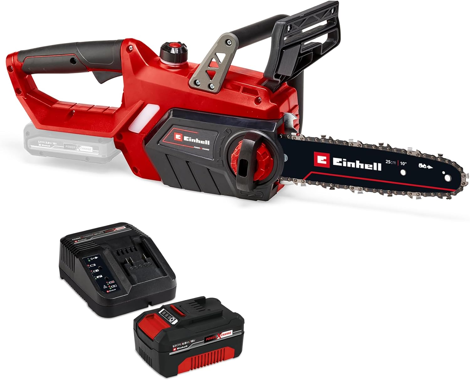 Einhell Akku-Kettensäge GE-LC 18 Li-Solo Power X-Change (Li-Ion, 18V, 25 cm Schwertlänge, Rückschlagschutz, Kettenfangbolzen, inkl. 4 Ah Akku und Ladegerät)