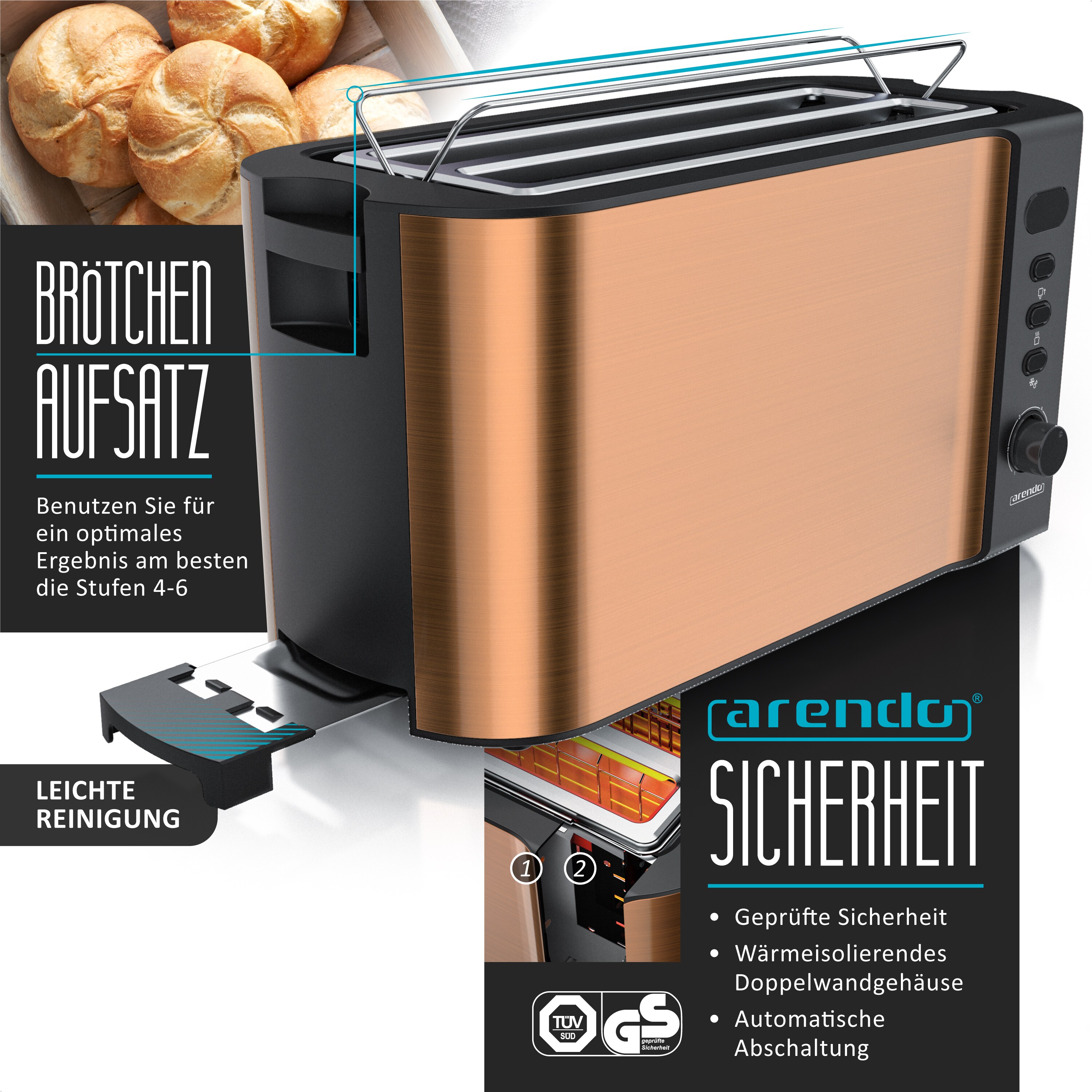 Arendo Frühstücks-Set 2-teilig, 4-Scheiben Langschlitztoaster, 6er Eierkocher, Kupfer