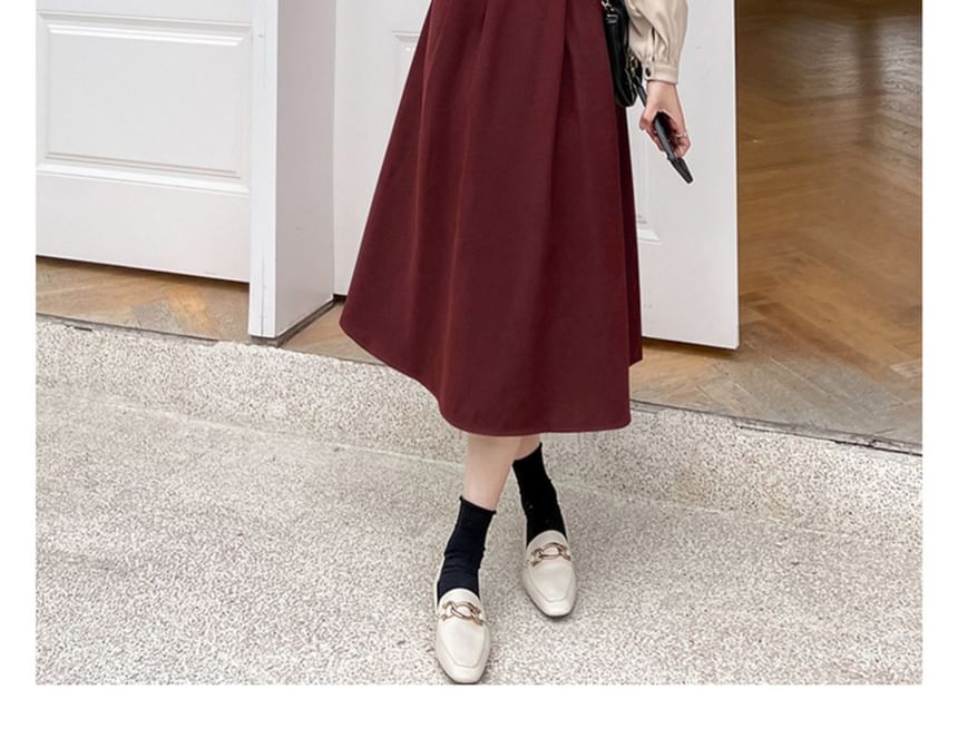 aistera - Mock Two-Piece Long-Mock Collared Bow Accent Tie Waist Midi A-Line Dress