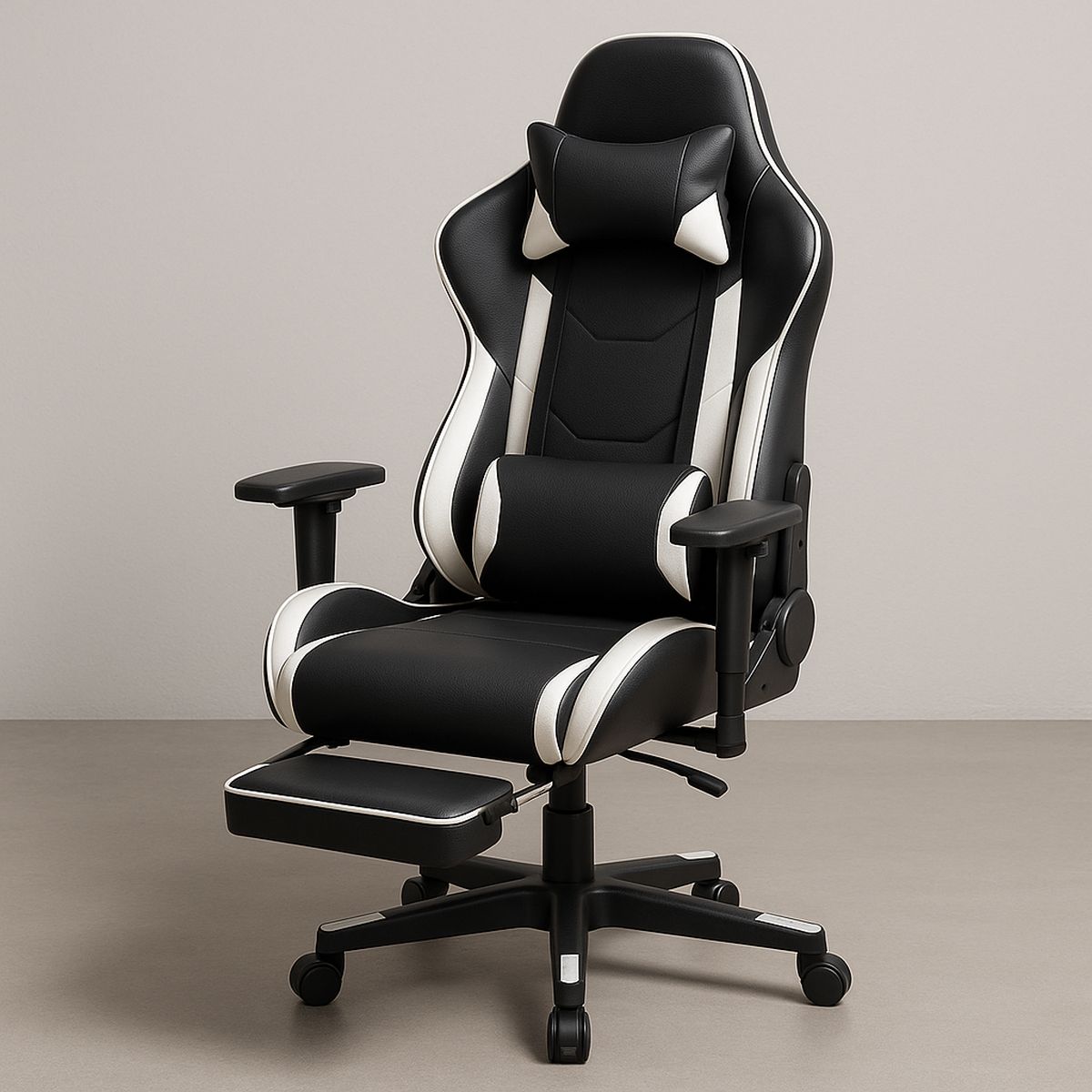 Gaming Stuhl mit verstellbarer Kopf- und Fußstütze aus PU-Leder Schwarz/Weiß
