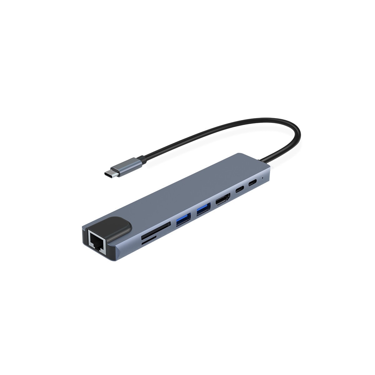 USB-C-hub med 8 uttak for USB, UBC PD, HDMI, RJ45, micro-SD Grå