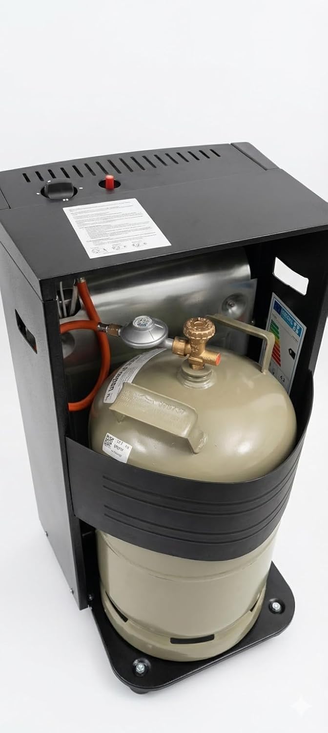 Blueflame Mobile Gasheizung, 4,2 kW, mit ODS Sauerstoffmangelsicherung, Piezozündung, für Propan/Butan/LPG, 2 Heizstufen, 430 x 460 x 743 mm, Schwarz, mit Rollen