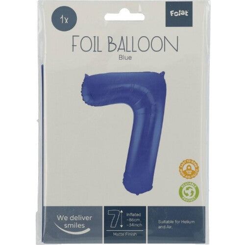 Cijferballon zeven - metallic matblauw - 86 cm