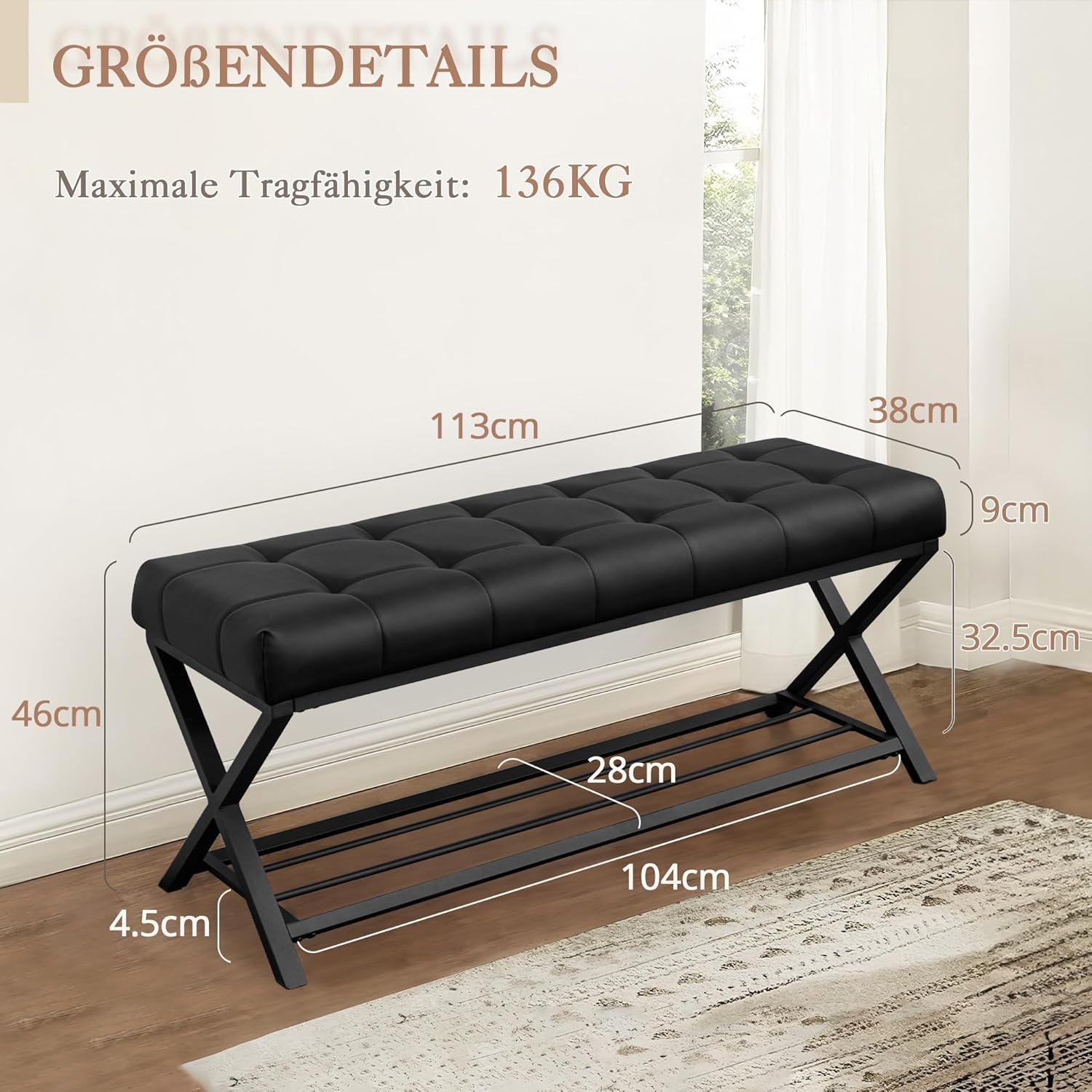 LUE BONA Schuhbank,Schuhbank mit Sitzfläche,Schuhschrank mit Sitzbank und Leder Gepolstertem,Sitzbank Flur mit Metallrahmen für Eingangsbereich,Wohnzimmer,Flur,113 x 38 x 46 cm,Schwarz