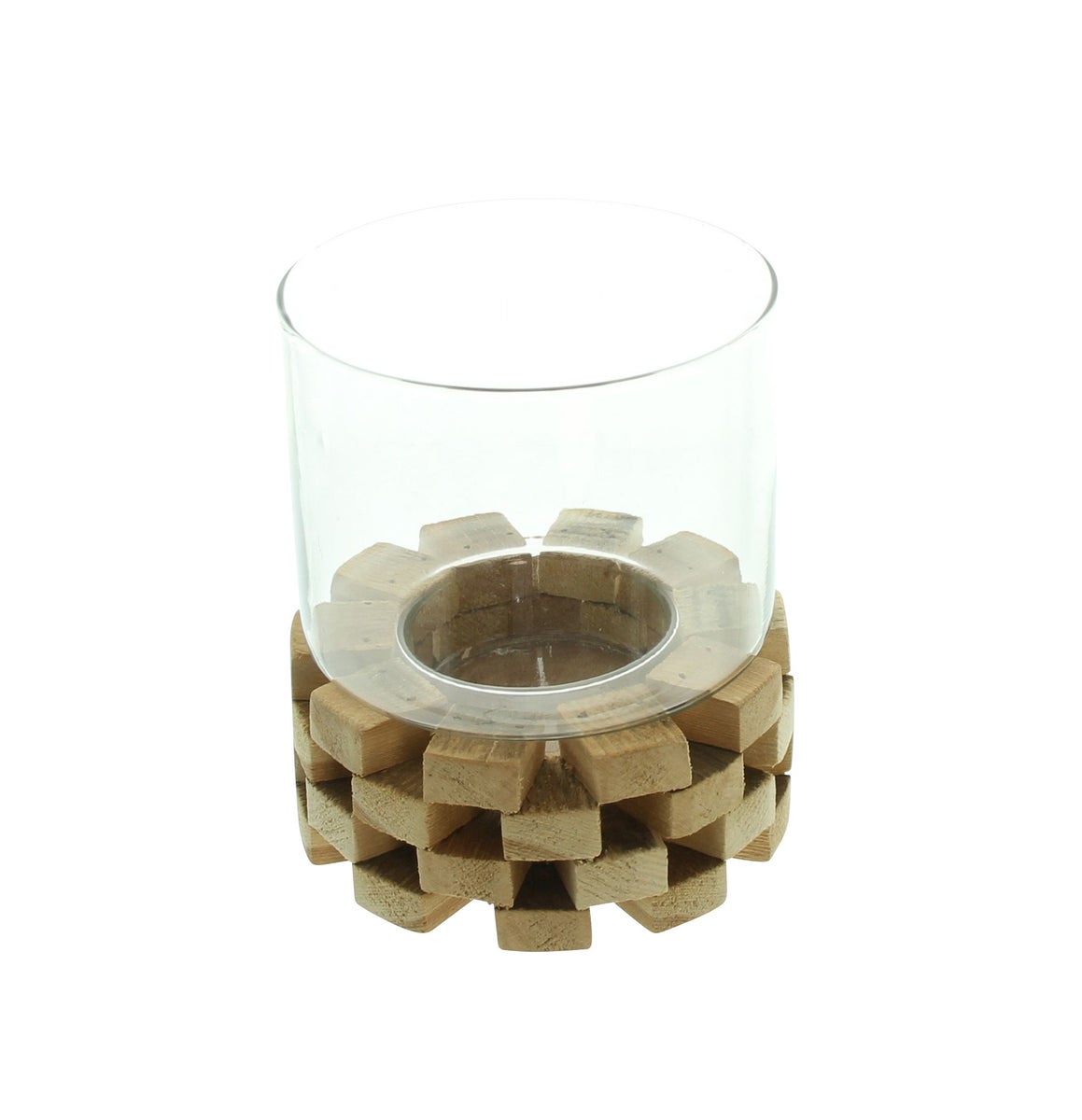 FRANK FLECHTWAREN | Theelichthouder van hout, Ø 14 x 16 cm, glas Ø 13 x 13 cm, Iep, glas