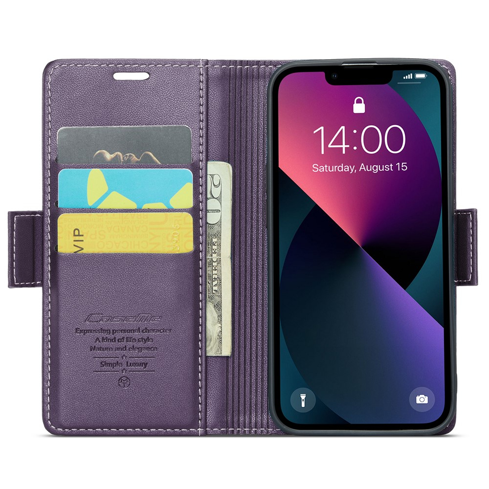 iPhone 15 Leder Tasche Flip Wallet Etui mit Kartenfächern Litchi Look (RFID Schutz) - Violett