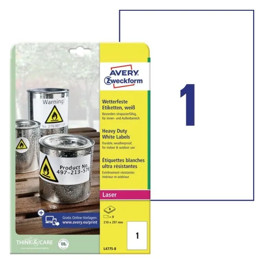 Etiketter Avery 210x297 mm (A4) hvid, permanent polyester, til laserprinter - (8 ark)