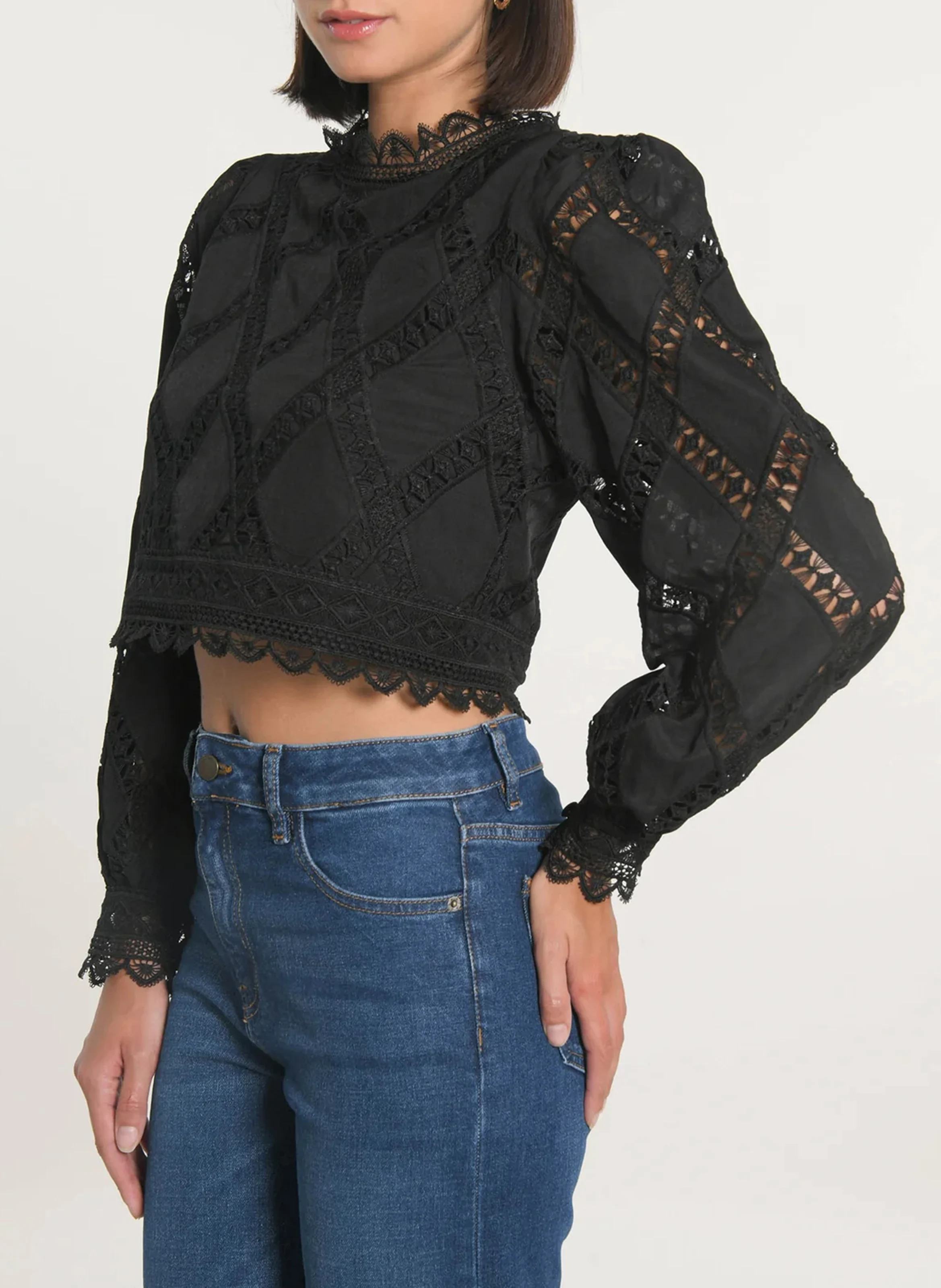 KELLY - Blouse courte en dentelle| Noir