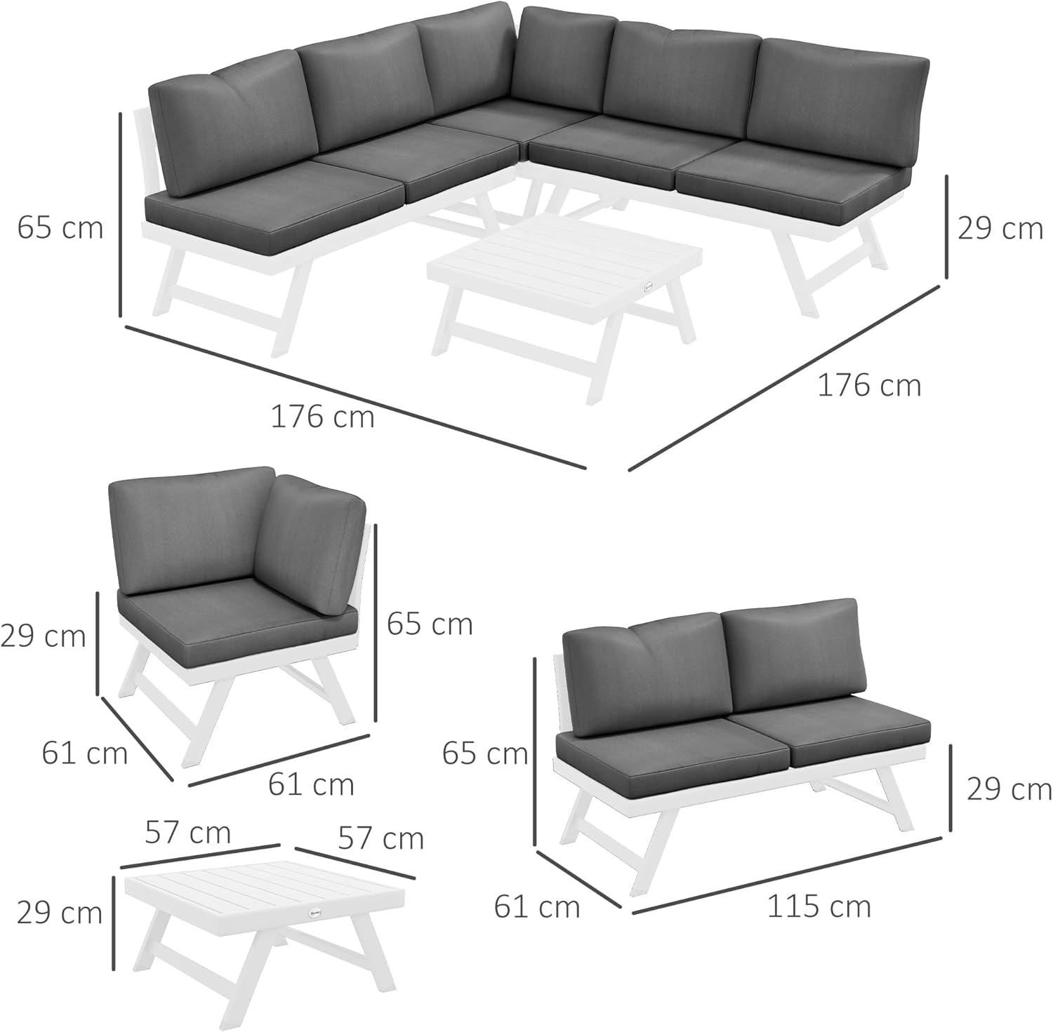 Outsunny 4-TLG. Gartenmöbel-Set, Gartenlounge-Set mit Ecksofa, Doppelsofa, Couchtisch, Sitzkissen, Gartensitzgruppe, Balkonmöbel-Set für Terrasse, Grau