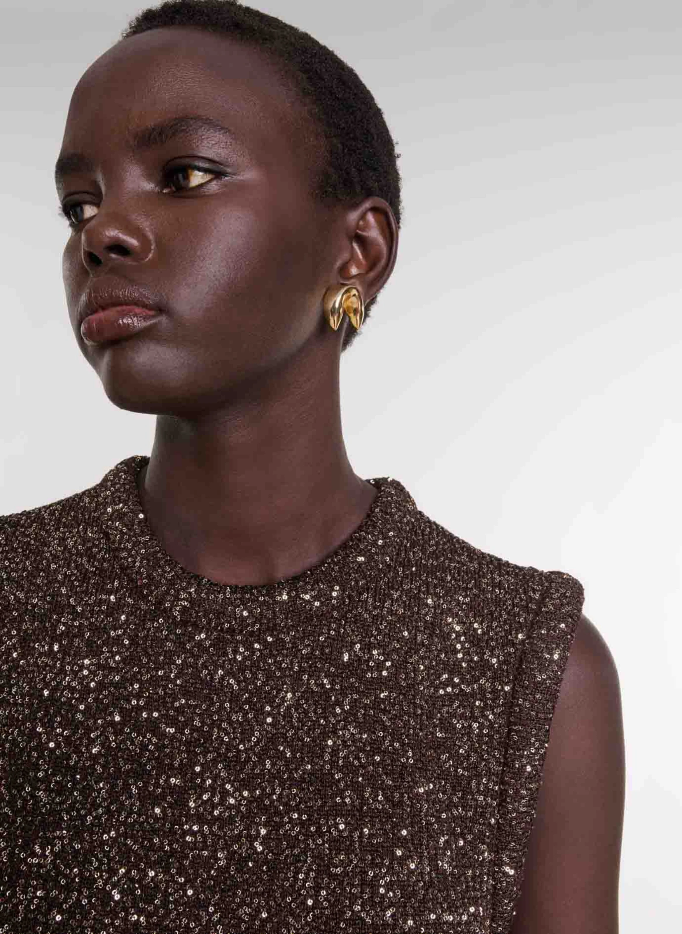 Robe courte col rond à sequins | Marron