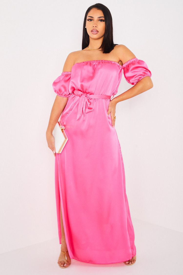 Robe fuchsia satinée à col bardot