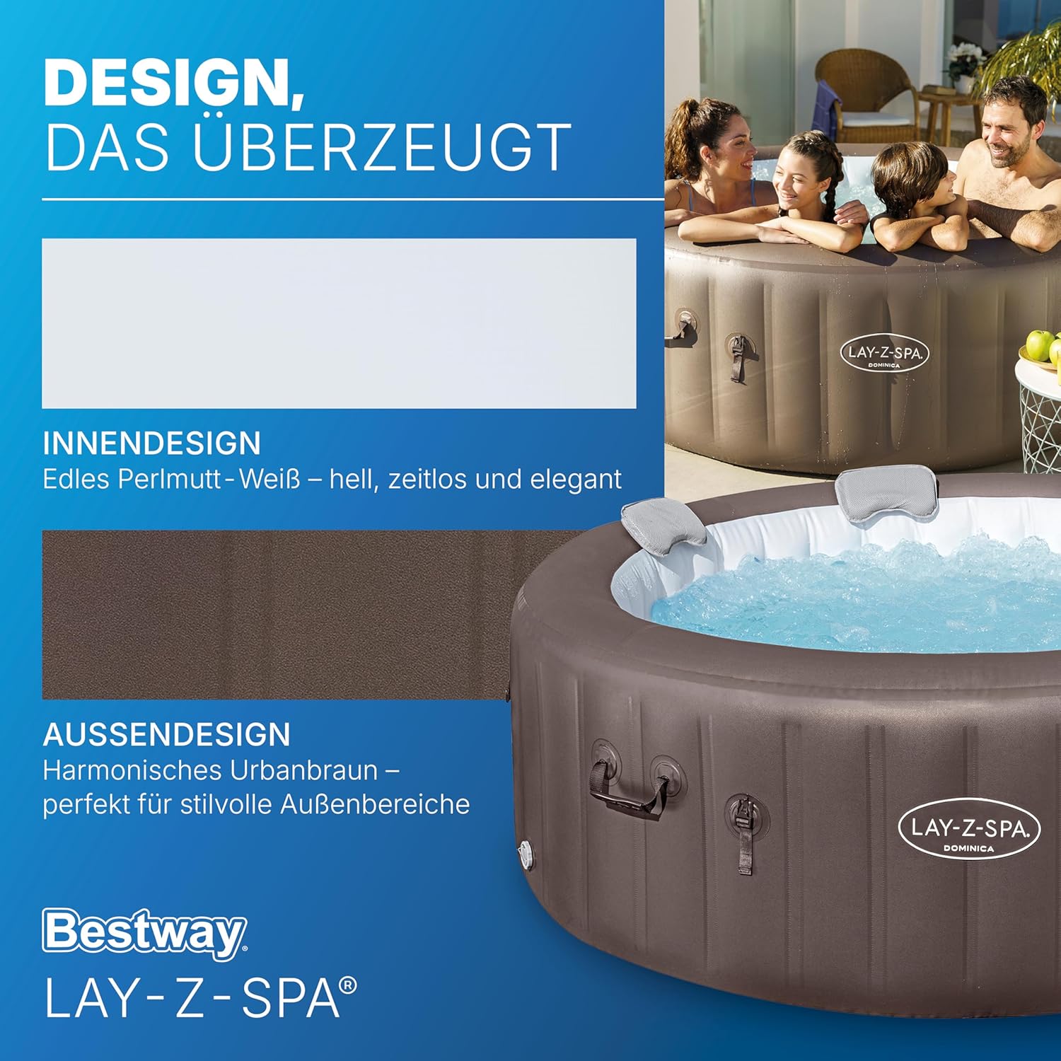 Bestway® Lay-Z-SPA® Energiespar-Whirlpool Dominica HydroJet™ mit App-Steuerung, für 6 Personen Ø 196 x 71 cm, Urbanbraun