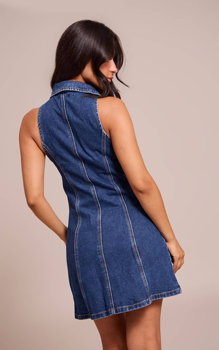 Mid Blue Wash Robe Mini En Denim À Col Revers Et Boutonnage Petite
