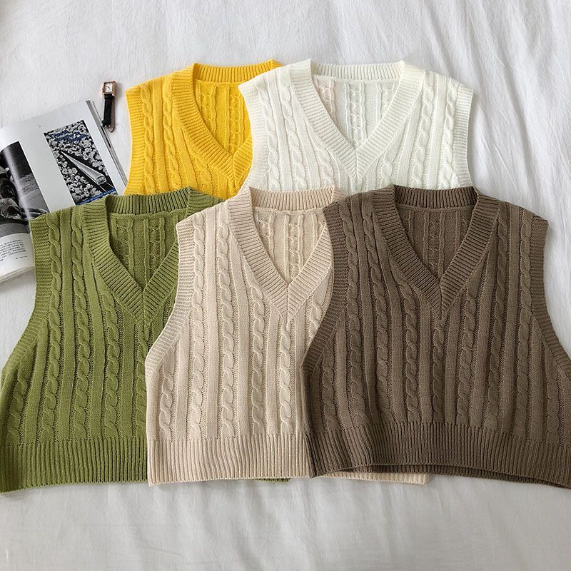 DIYI - Effen kabelgebreid vest met V-hals