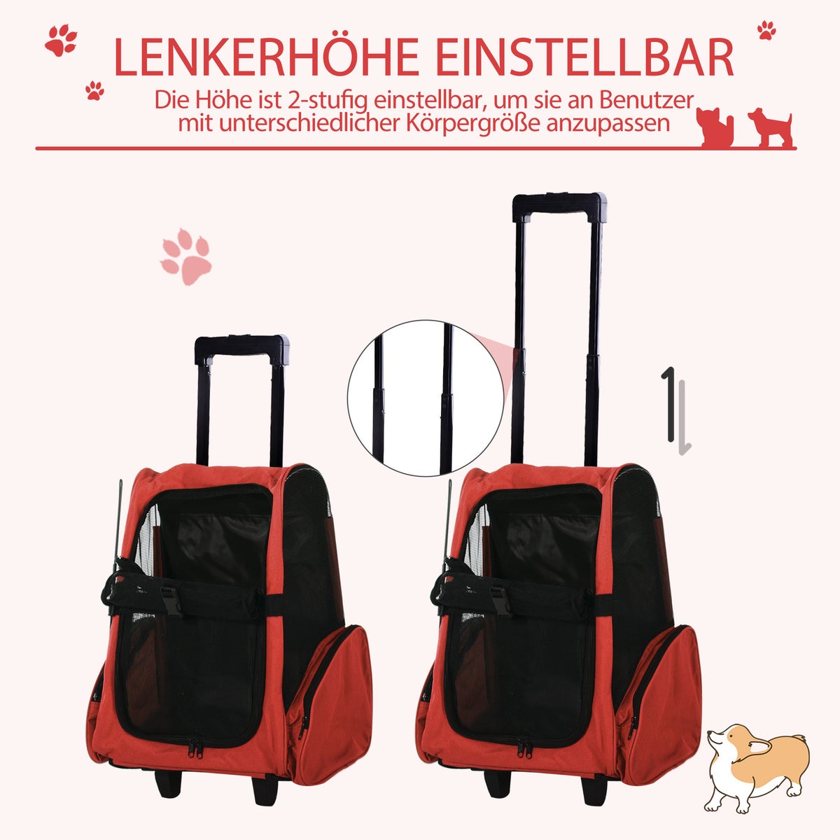 PawHut draagtas, L 42 x B 25 x H 55 cm, Oxford-stof, staal, rood + zwart