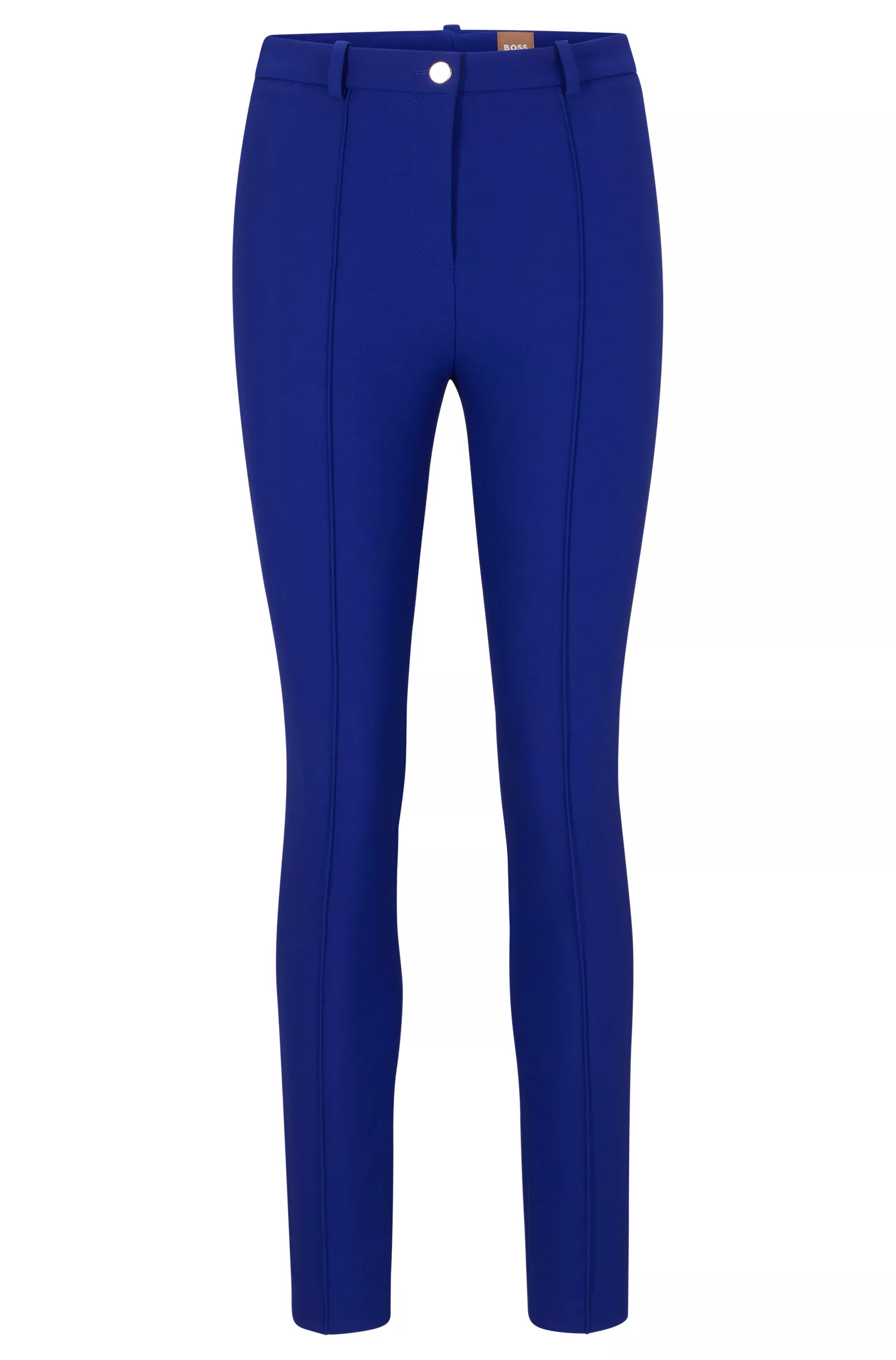 Calça BOSS preta, corte slim, em tecido elástico com pregas.