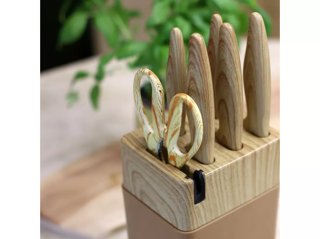Menastyl - Bloc A Couteaux 6 Pieces En Polypropylene Noisette Et Effet Bois