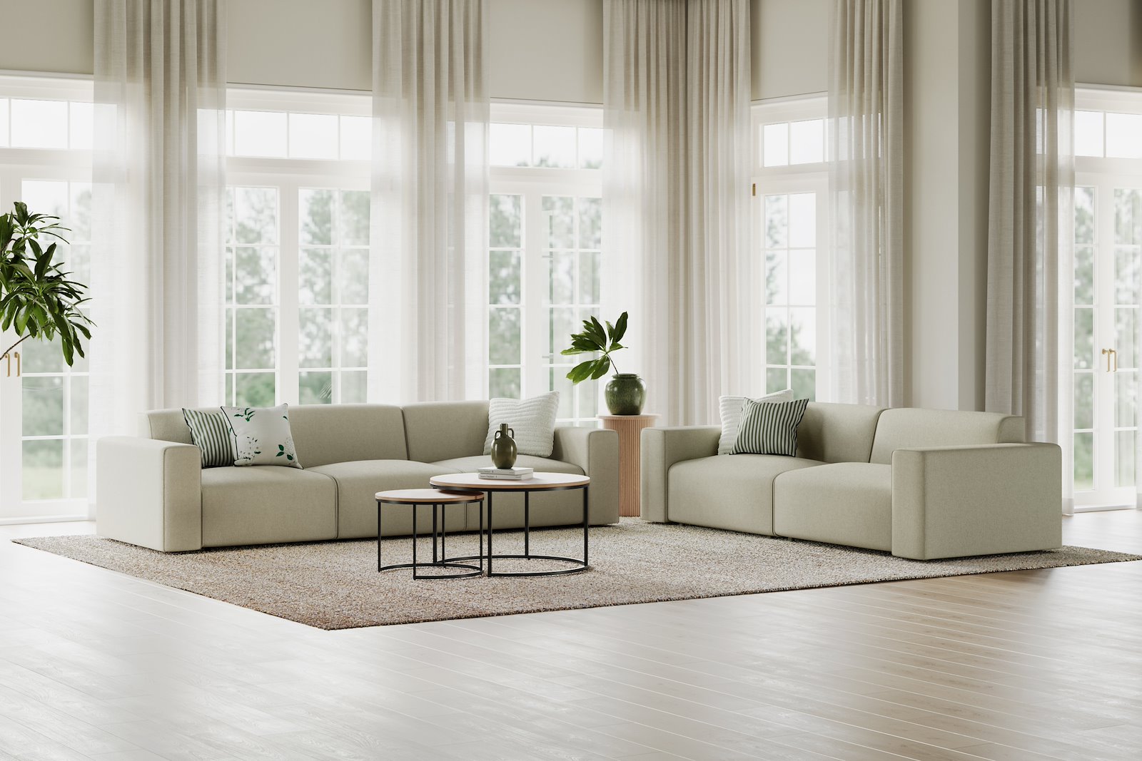 Styl 3-seter duo puter Tekstil Lombardo 14 Latte med sorte ben.