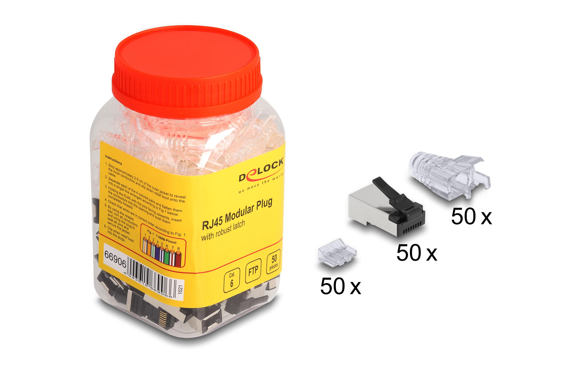 Stecker RJ45, FTP, Cat.6 50 Stück, TransparentDelock RJ45 Modularer Stecker mit robuster Rastnase Cat.6 und Knickschutztülle 50er Set