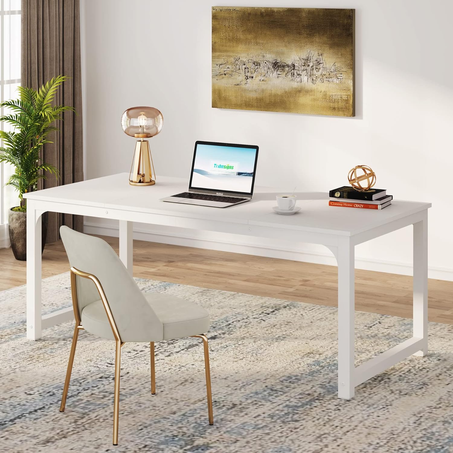 Tribesigns Großer Schreibtisch Computertisch Weiß für Home Office, 160 x 80 x 75 cm Langer Bürotisch Arbeitstisch für Schreiben und Lernen, Holztisch Design für 2 Personen (Weiß, 160 x 80 x 75 cm)