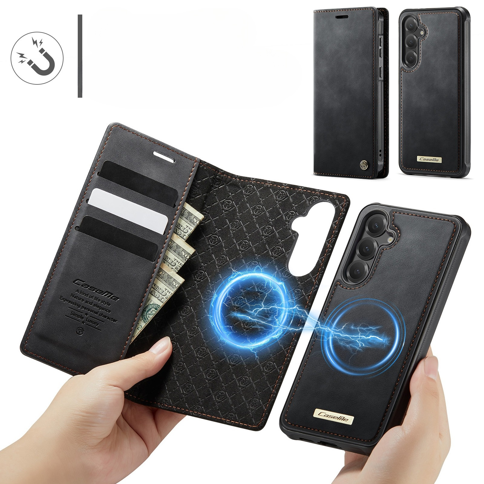 Samsung Galaxy S24 FE 2in1 Leder Tasche   Magnet Hardcase Karten Etui MagSafe-Modul (RFID Schutz) - Schwarz