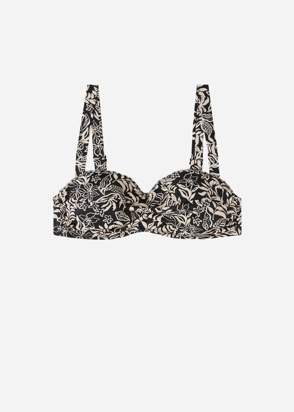 Top de biquíni bandeau levemente acolchoado com estampa botânica em preto e branco.