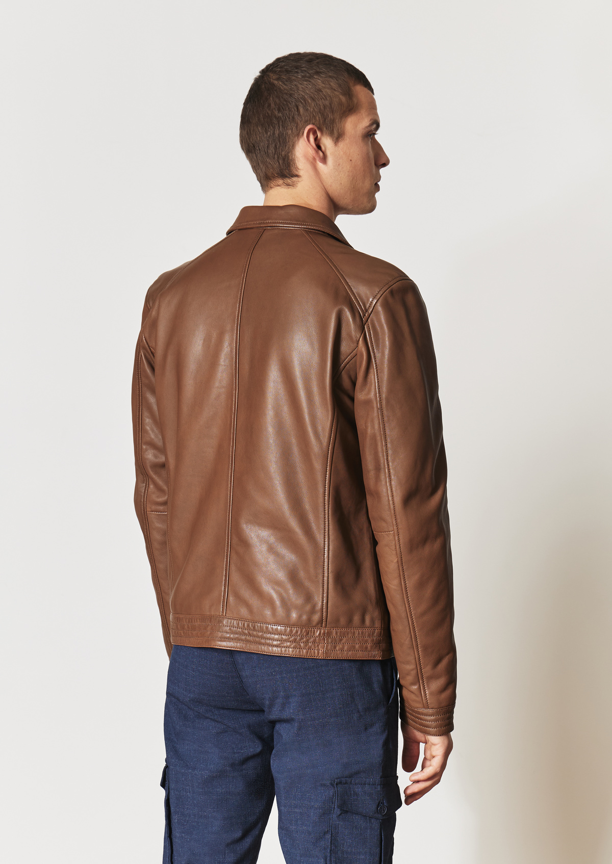 Blouson en cuir uni tabac