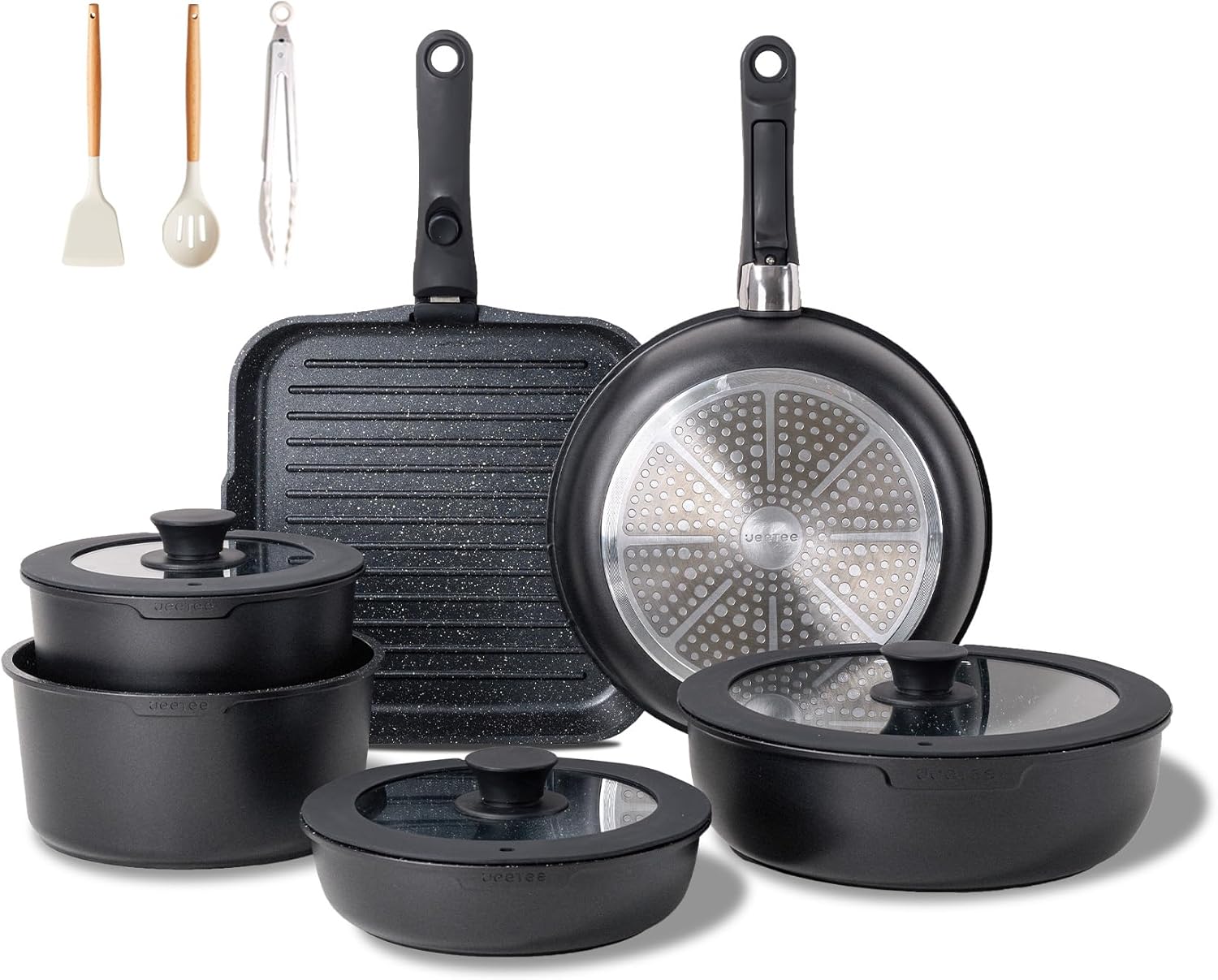 JEETEE Topfset Pfannenset mit abnehmbarem Griff 25-Teilig, Pfanne 20/26cm, Kochtopf 18/20cm, Tiefe Bratpfanne 26cm, Grillpfanne 26cm, Stapelbar Topfset Für alle Herdarten, Antihaft, Ofenfest, Schwarz