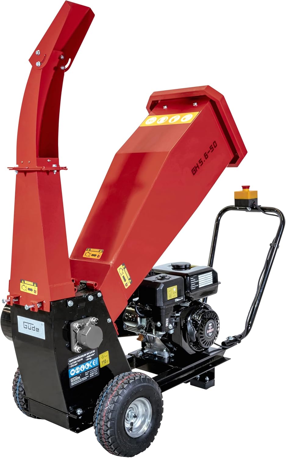 Güde Gartenhäcksler GH 5.6-50 (4-Takt Benzinmotor 4,1/5,6 (kW/PS), max. 3600 1/min, Hubraum 212 cm³, Leichtstart, max. 50 mm Aststärke, Spritzschutz, Notausschalter, luftbereifte Räder)