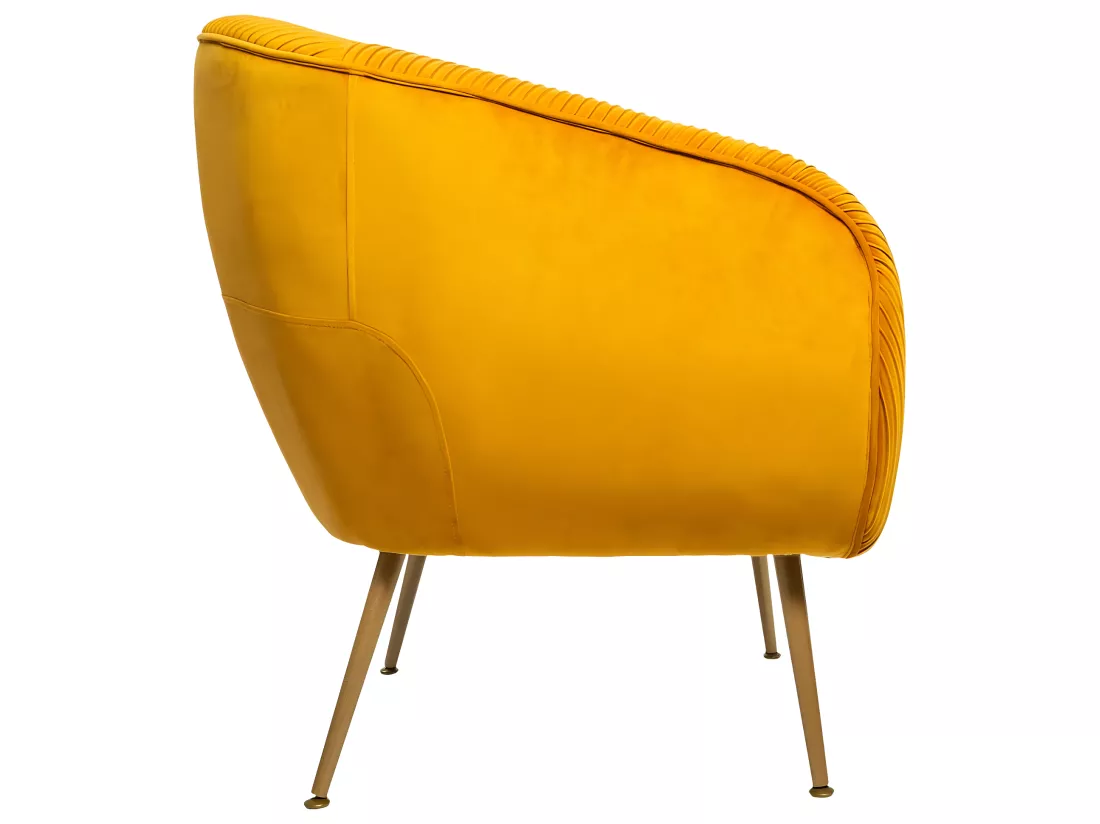 Fauteuil en Velours Moutarde plissé et pieds en métal doré