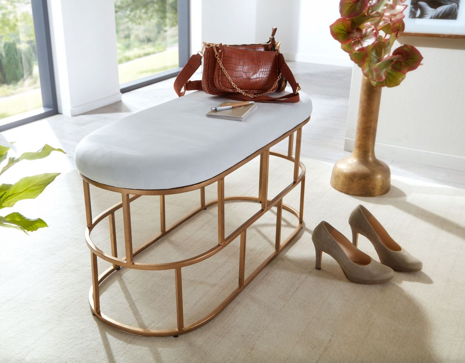 Sitzbank - weiß-gold - Samt - 90 cm