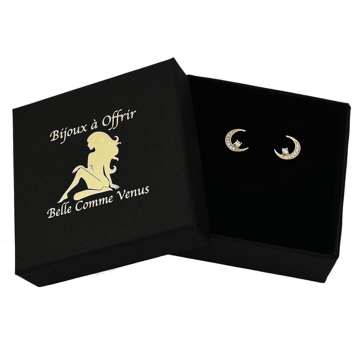 Boucles d'oreilles croissant de lune et oxyde de zirconium Plaqué OR 750 3 microns
