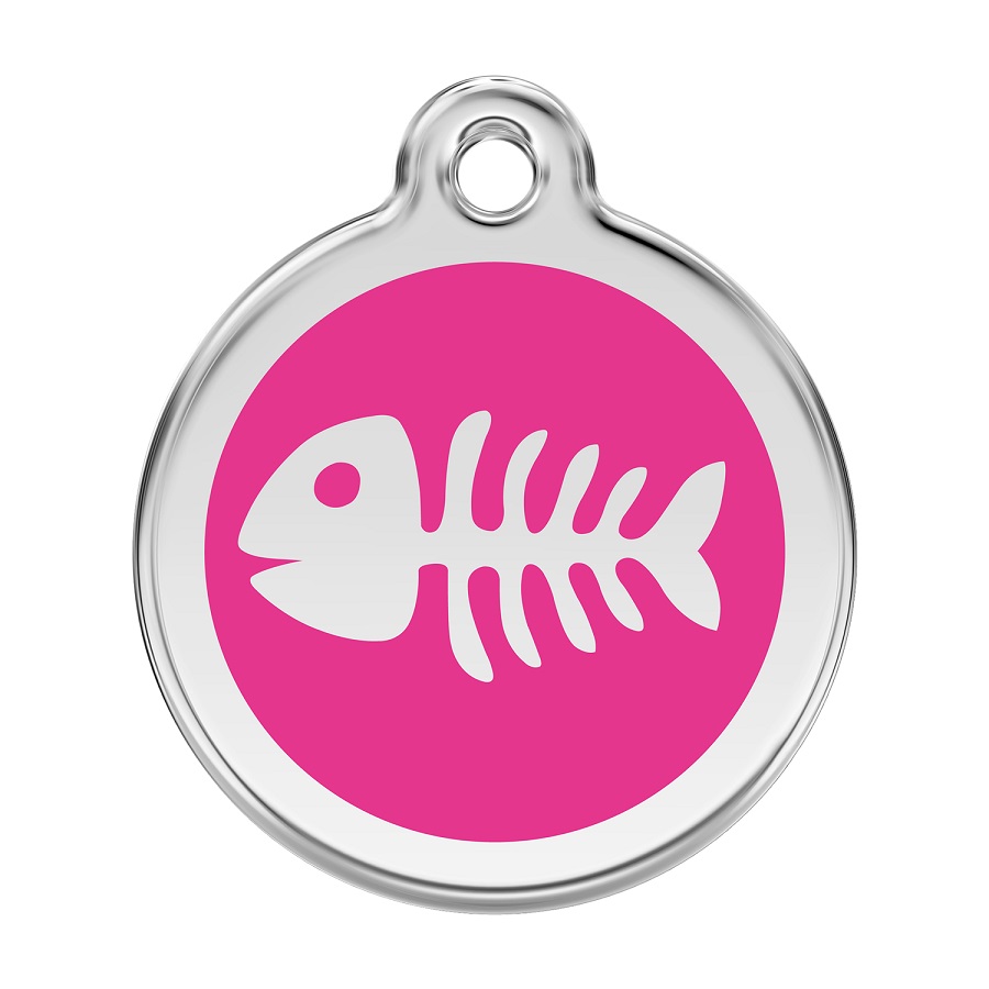 Placa de identificação para cães em aço inoxidável esmaltado com esqueleto de peixe rosa choque