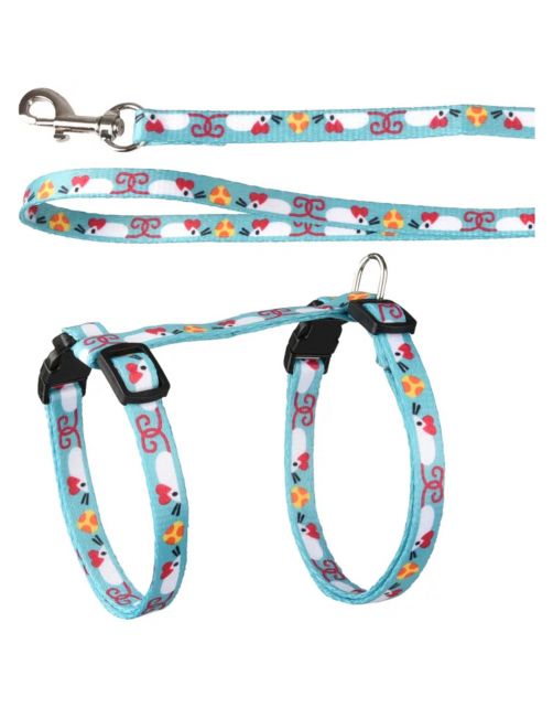 Flamingo Kattenharnas + Lijn Arwen - Kattentuigje - Blauw Print 20-35cm 10mm