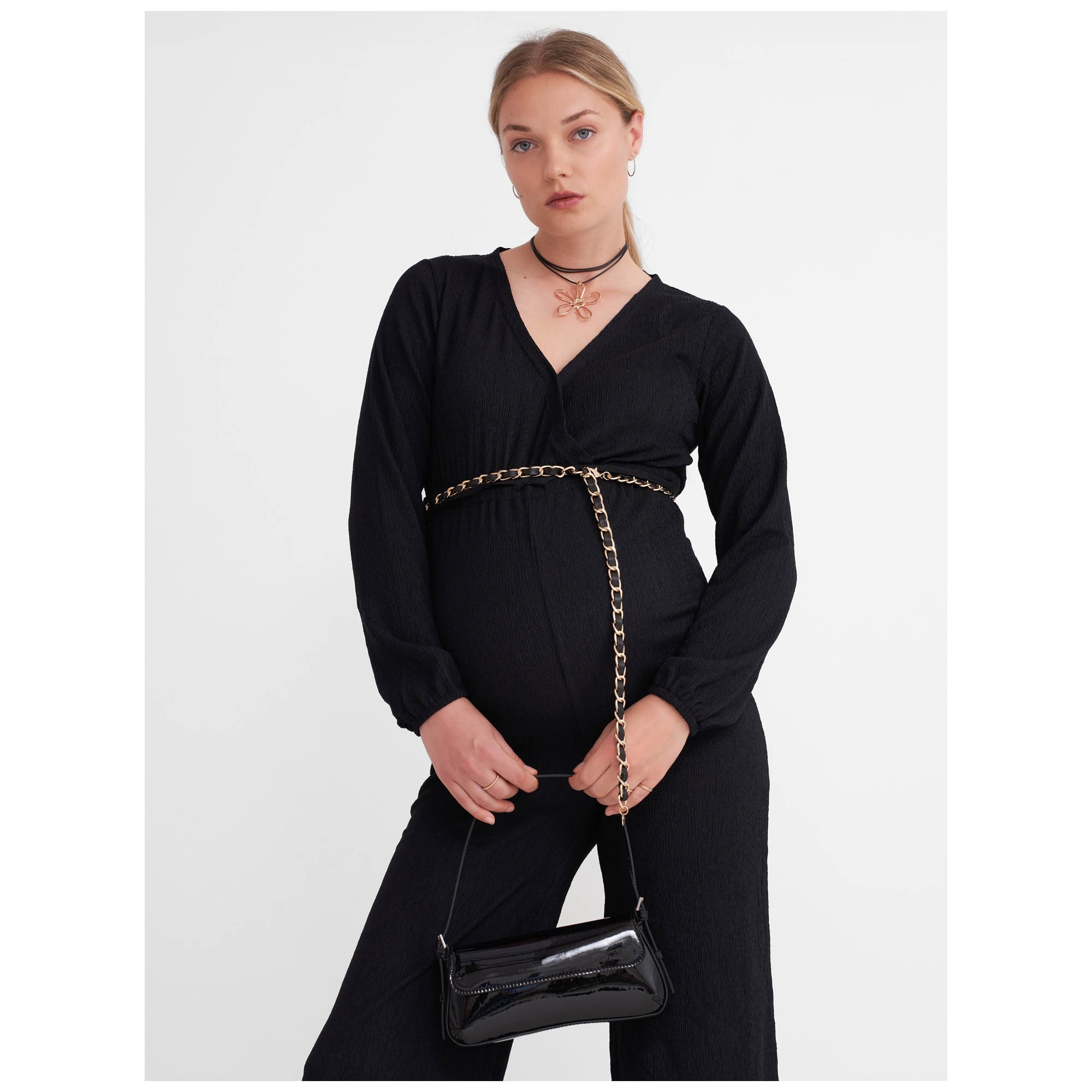 Prénatal zwangerschapsjumpsuit lange mouwen effen zwart