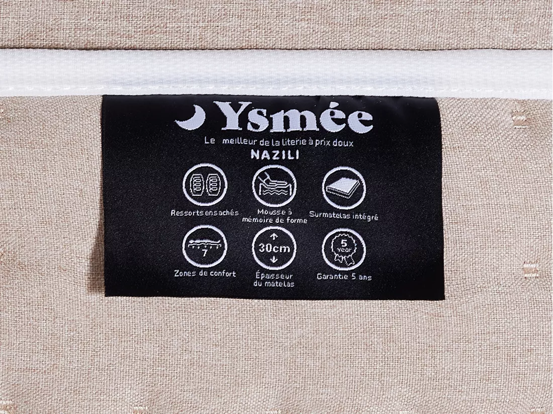Ensemble 180 x 200 cm sommier coffre naturel clair + matelas hybride ressorts ensachés 7 zones et gel à mémoire de forme rafraichissant ép.30cm - NAZILI de YSMÉE