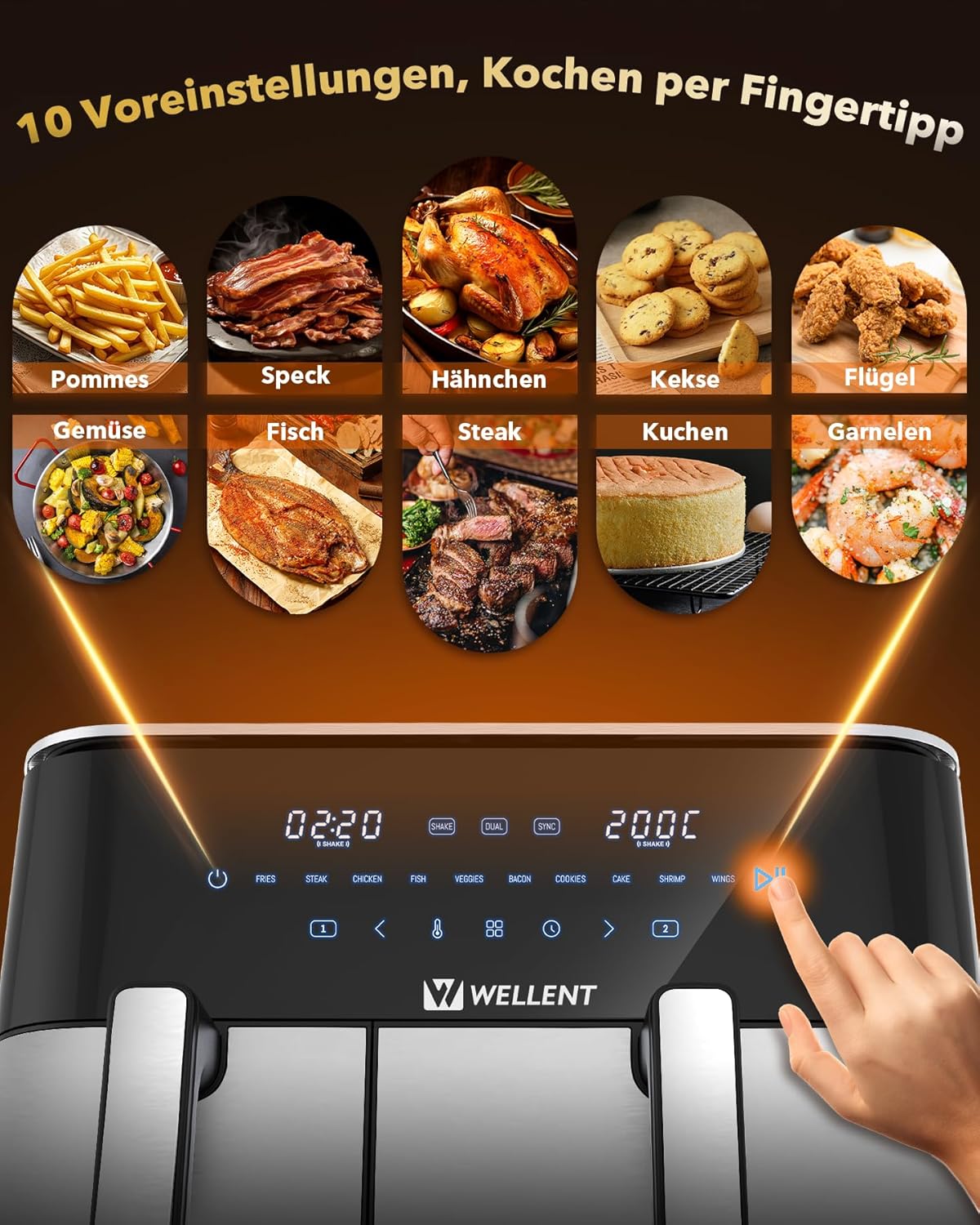Heißluftfritteuse 2 Kammern, 2600W 11L Airfryer XXL(4+7L) WELLENT 10-in-1 Heissluftfritteuse Doppelkammer Air fryer Dual Zone mit Touchscreen, Match & Synchronisierungsfunktion, spülmaschinenfest