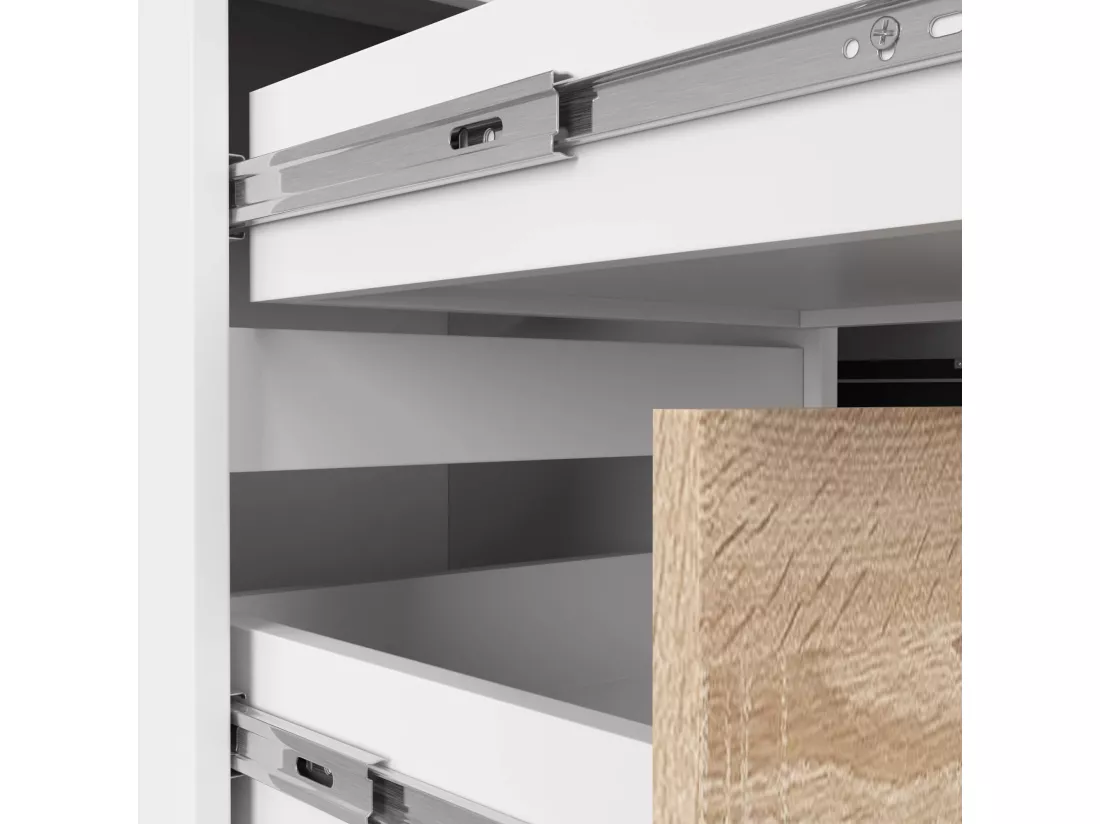 Grand bureau d'angle AKORD gauche B20 Blanc 155 cm 1 porte 3 tiroirs façade Chêne Sonoma 4 étagères 155x85x77 cm