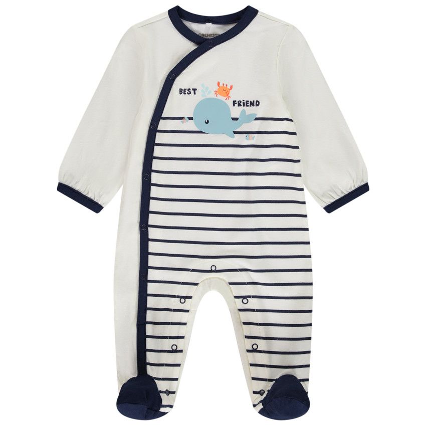 Dors-bien rayé print baleine pour bébé garçon avec ouvertures différentes selon l'âge - Ecru