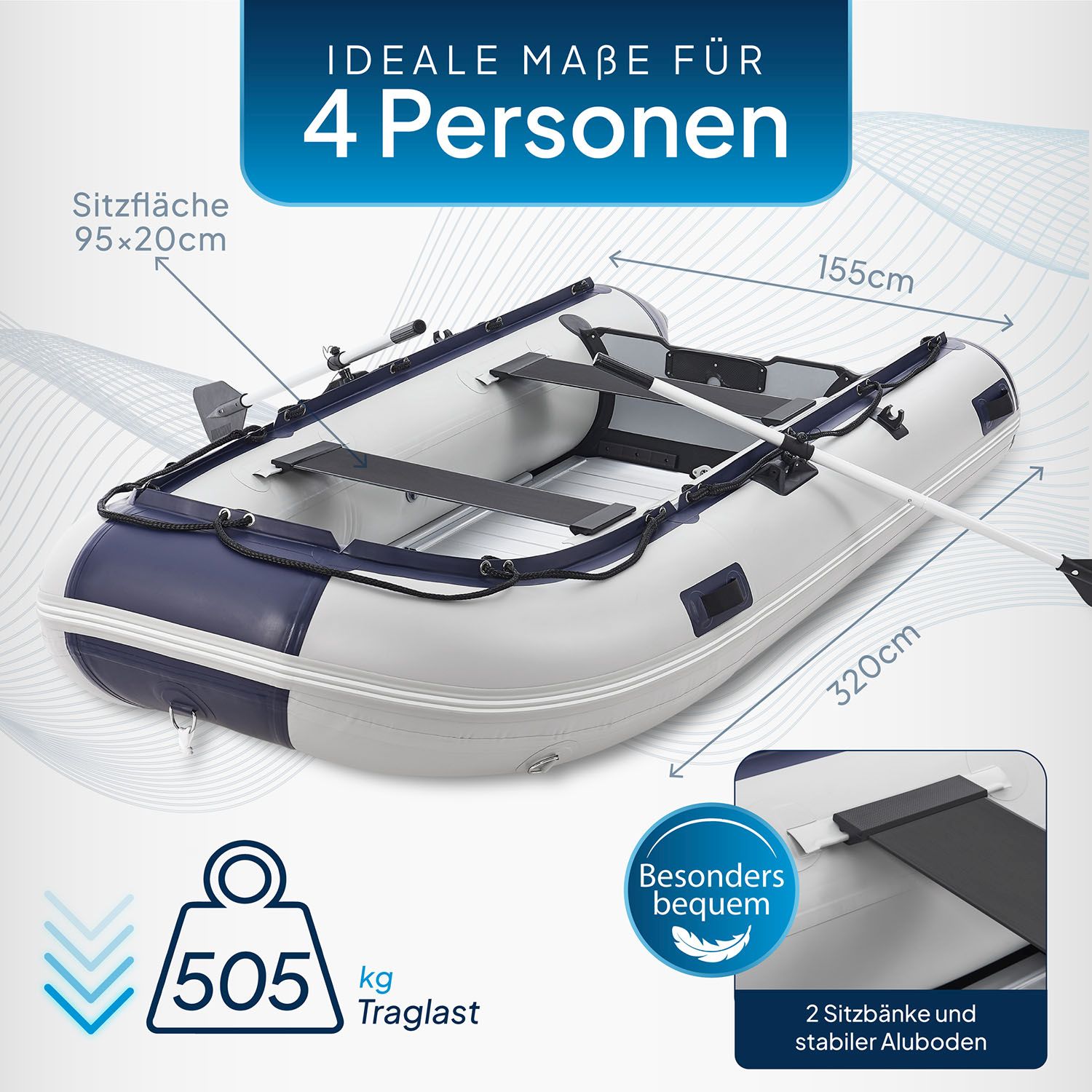 ArtSport Schlauchboot 3,20m mit 2 Sitzbänke, Aluboden, Paddel, Pumpe, Tasche & Reparaturset