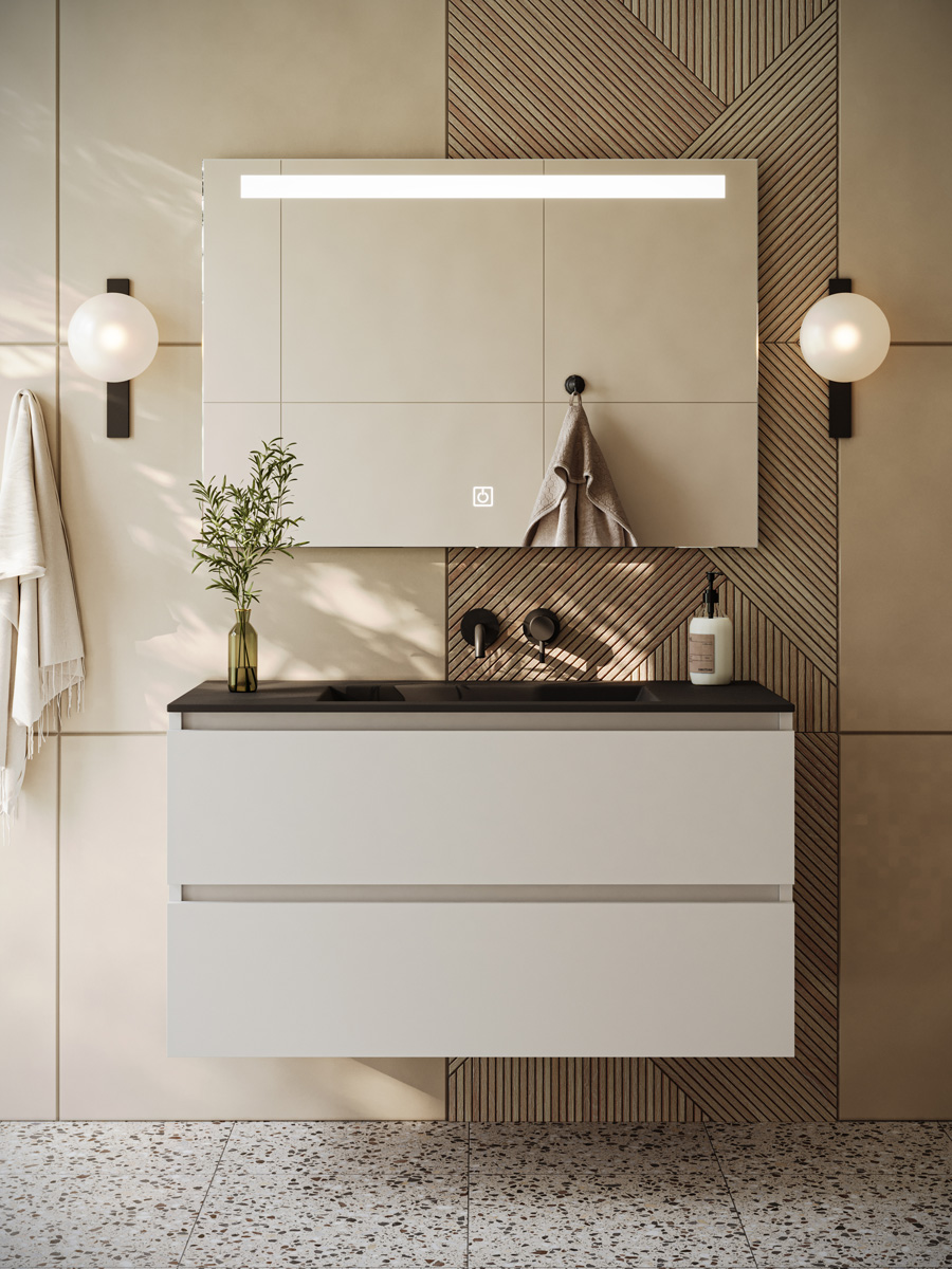 Fontana Rovigo badmeubel 100cm wit mat met zwarte wastafel zonder kraangat en spiegel met verlichting