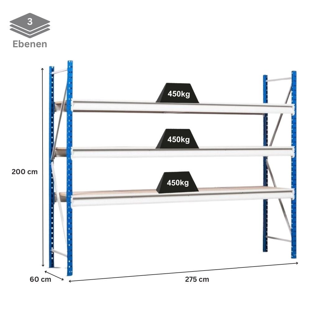 PROREGAL Breedspankast Maximus Pro basiskast HxBxD 200 x 275 x 60 cm 3 legplanken Spaanplaat legplank draagvermogen 450 kg Lichtblauw & lichtgrijs