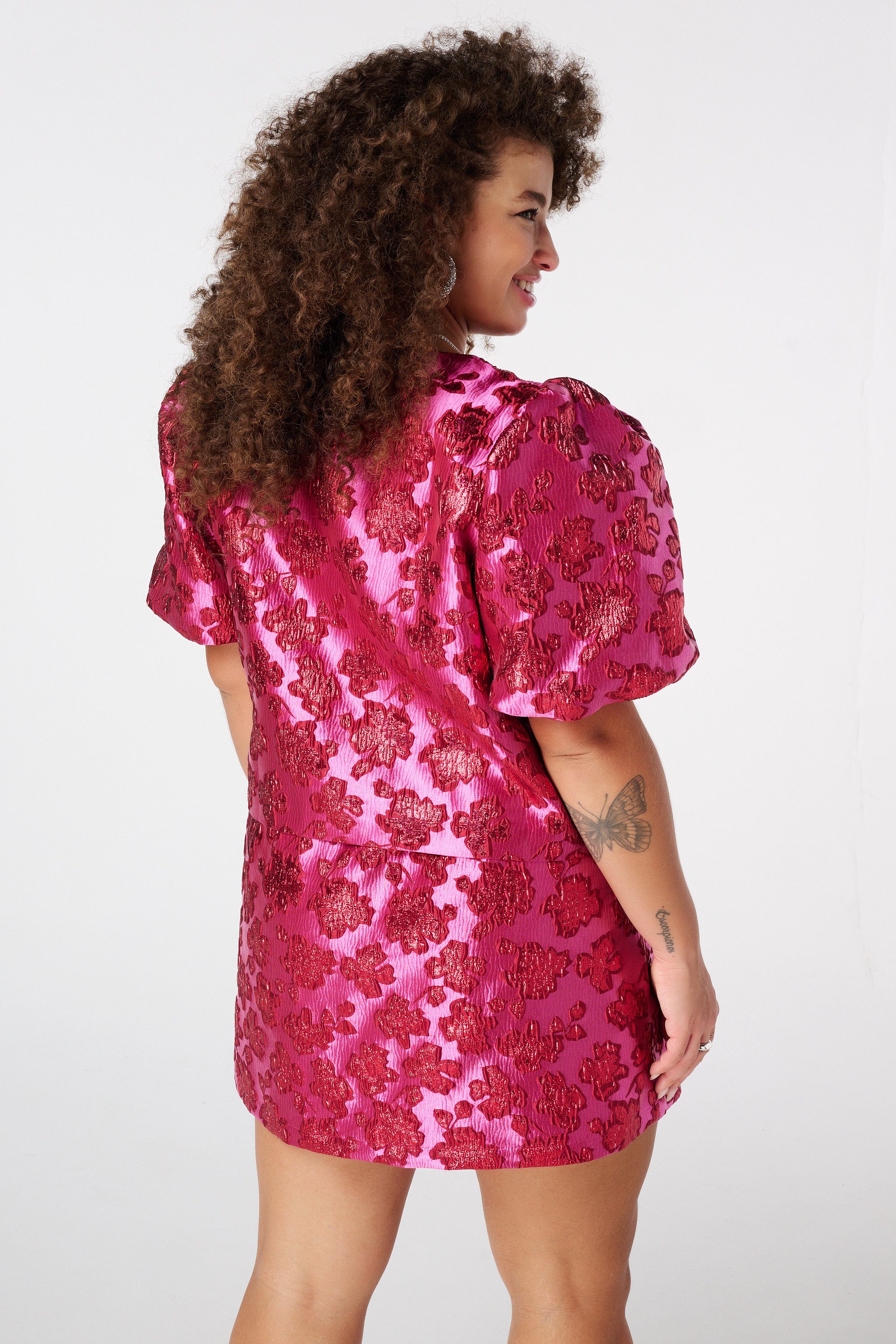 Glitter jacquard top met pofmouwen Multi Pink