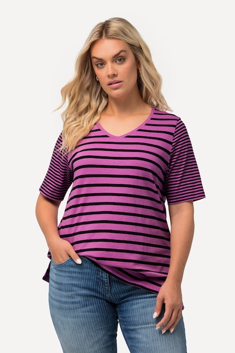 Shirt, Ringelmix, A-Linie, V-Ausschnitt, Halbarm
