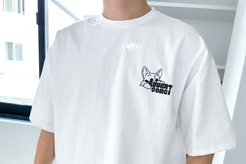 SeoulPop - T-shirt met korte mouwen en hondenprint, losvallend