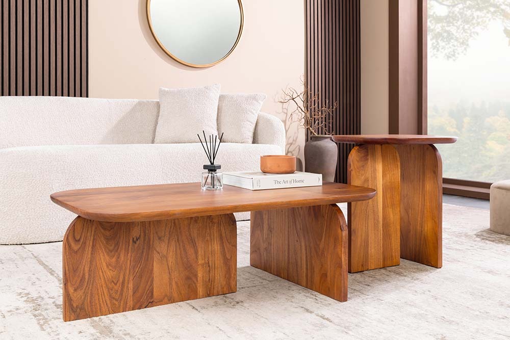 2er Set Couchtische GATSBY 100cm braun Akazienholz organische Form Beistelltisch