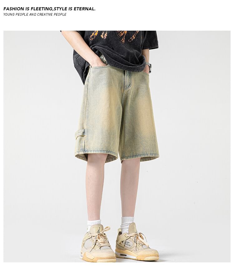 AXEN - High Waist Washed Wide Leg Denim Shorts